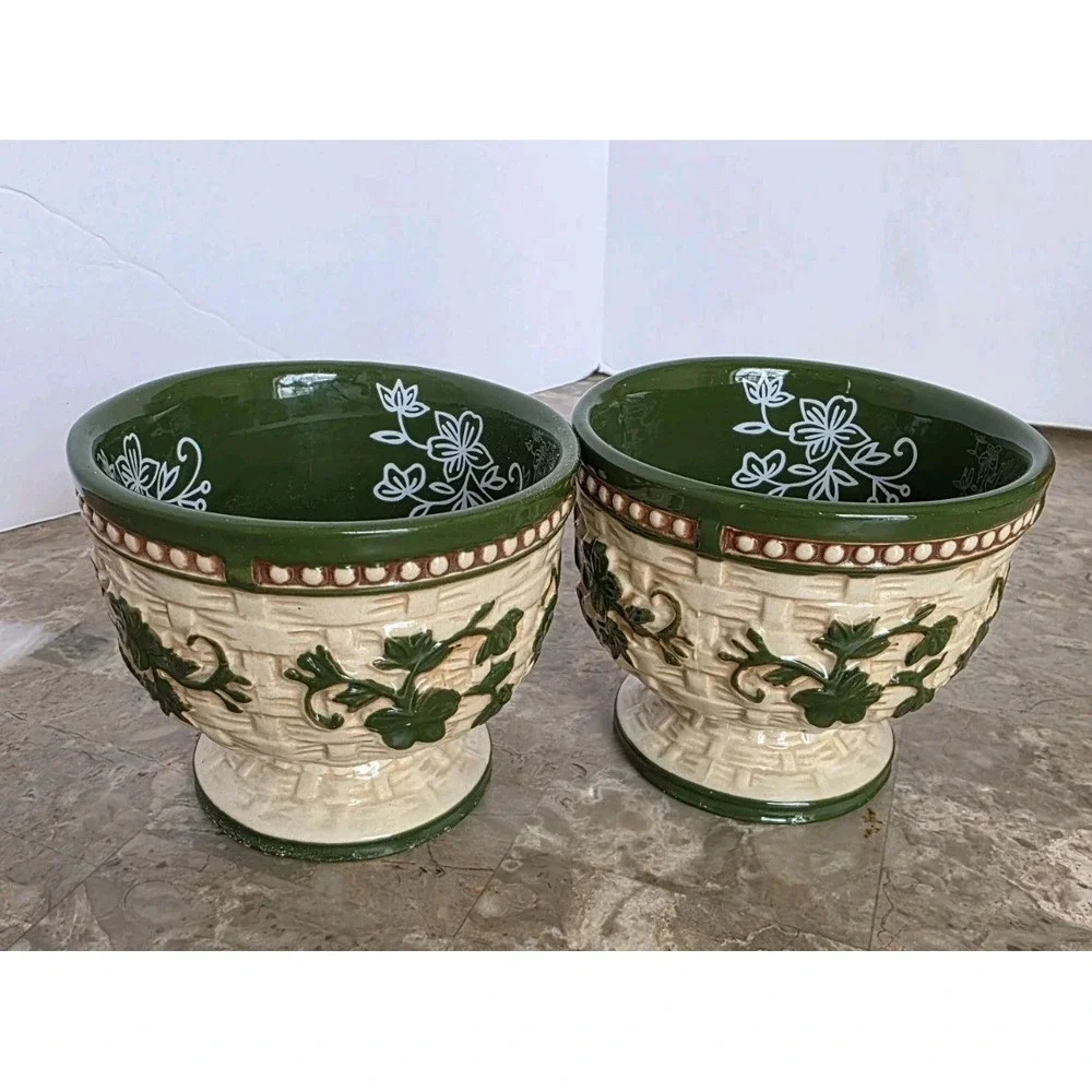 Temp-tations Green Floral Basket Weave Dessert Sherbet Pedestal‎ Bowl Set Of 2